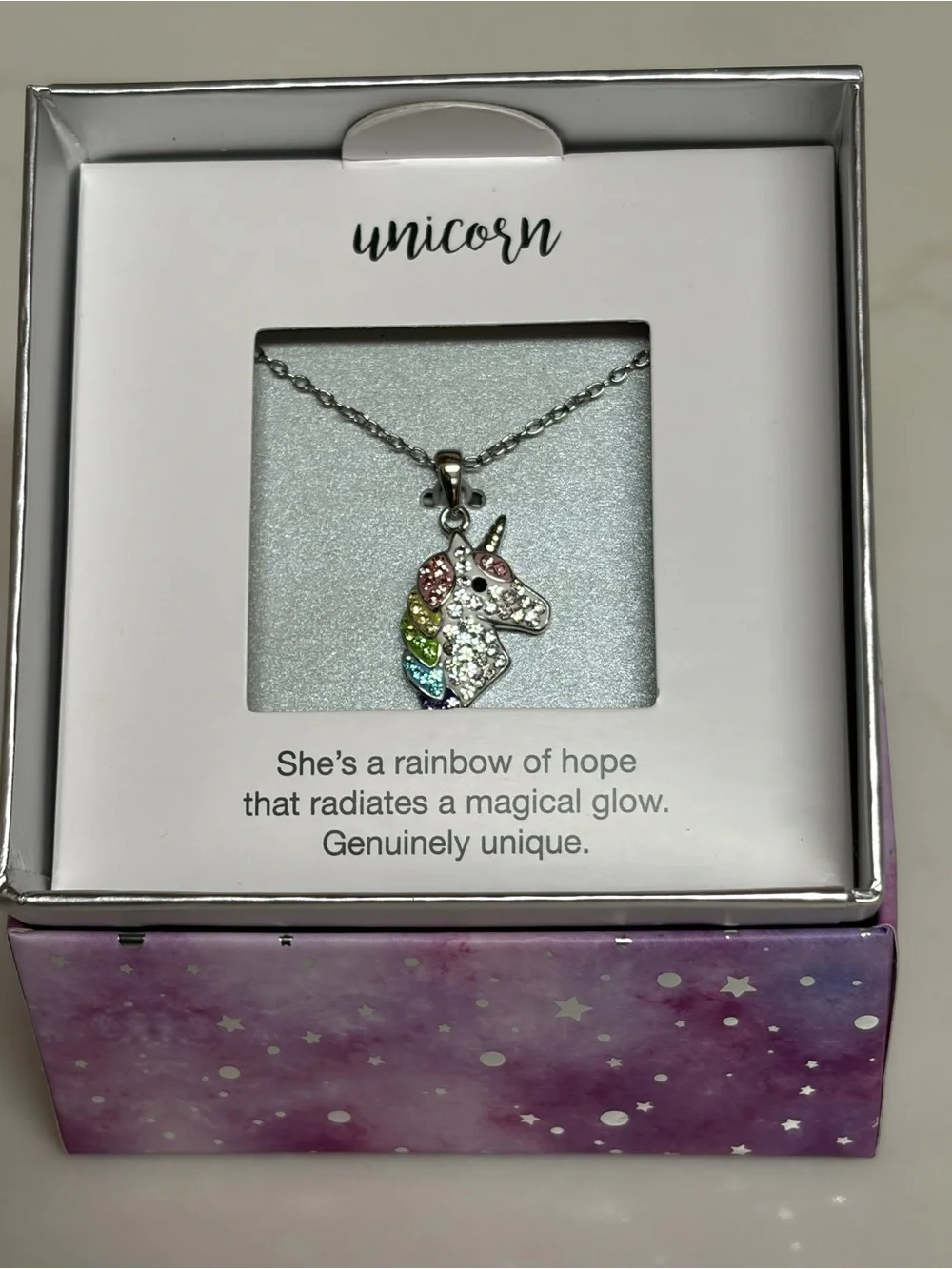 Rainbow Crystal Pendant Necklace - Silver with Multicolor Mane on 18” chain